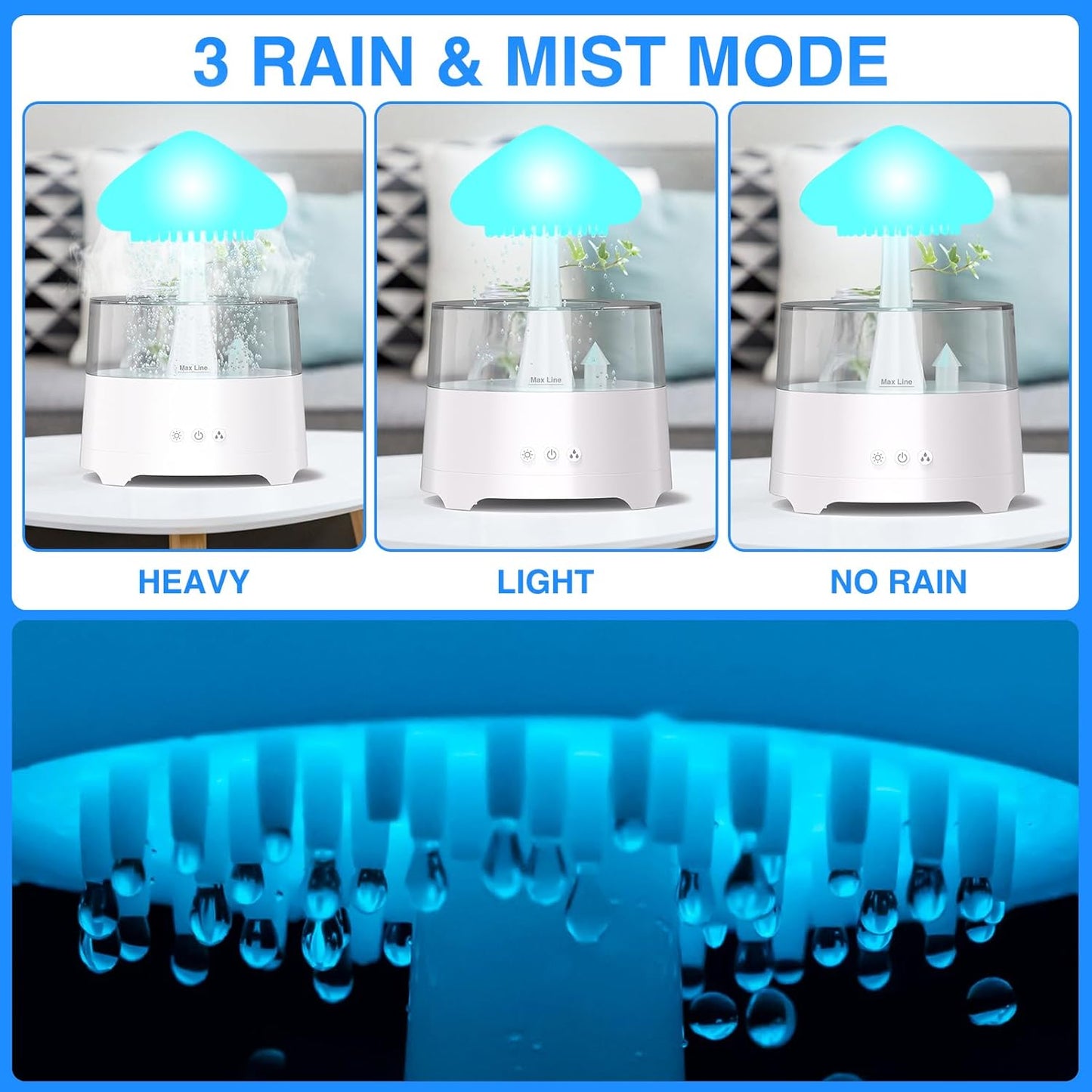 Diffuserlove Cloud Humidifier Rain Water Drip Diffuser Humidifier 450ML with Remote Mushroom Lamp Humidifier Rain Sounds Humidifier Air Humidifiers for Bedroom Desk