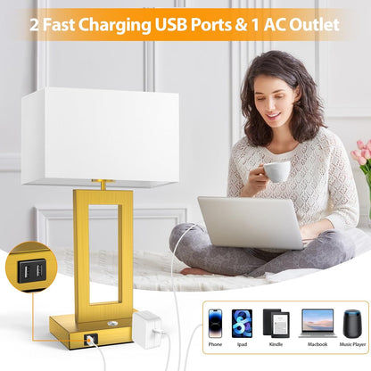 27.2’’ Tall Black Table Lamps for Living Room Bedroom, Bedside Touch Control Lamps with 2 USB Ports&AC Outlet, 3 Way Dimmable&Stepless Dimming Desk Lamp Sets for Home Office, Pre-assembled White Shade