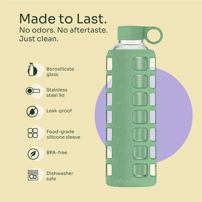 purifyou 40oz / 32oz / 22oz / 12oz Borosilicate Glass Water Bottle with Time & Volume Markers, Silicone Sleeve, Stainless Steel Lid | Reusable Glass Bottle for Water & Juice (40oz Jet Black)