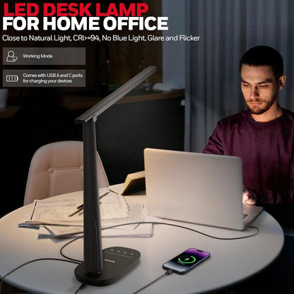 Honeywell LED Desk Lamp for Home Office, Dimmable & 4 Color Modes, USB A+C Dual Charging, Eye-Caring LED Light with Timer, Black