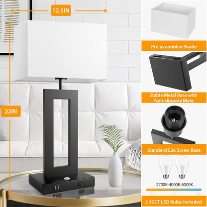 27.2’’ Tall Black Table Lamps for Living Room Bedroom, Bedside Touch Control Lamps with 2 USB Ports&AC Outlet, 3 Way Dimmable&Stepless Dimming Desk Lamp Sets for Home Office, Pre-assembled White Shade