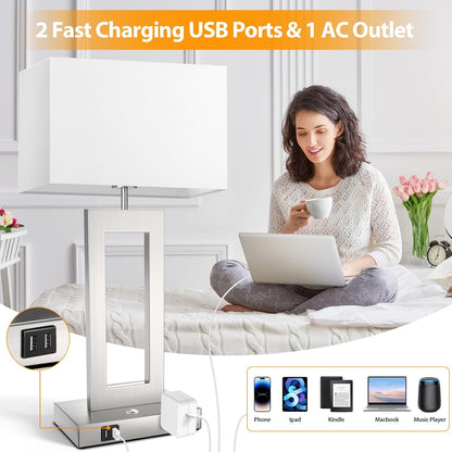 27.2’’ Tall Black Table Lamps for Living Room Bedroom, Bedside Touch Control Lamps with 2 USB Ports&AC Outlet, 3 Way Dimmable&Stepless Dimming Desk Lamp Sets for Home Office, Pre-assembled White Shade