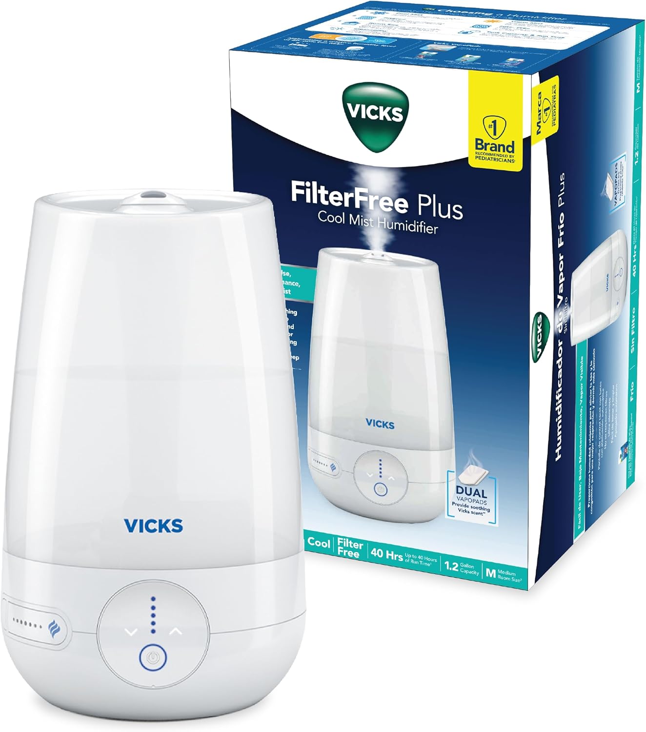 Vicks FilterFree Plus Cool Mist Plus Humidifier (VUL565), Medium Room –Filter-Free Cool Mist Humidifier for Baby, Kids and Adult Rooms, Works with Vicks VapoPads