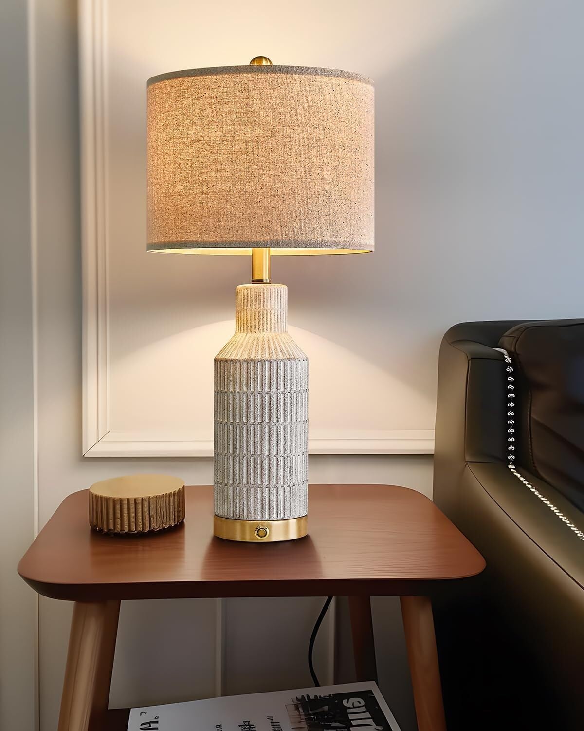 25 Inch Modern Ceramic Table Lamp with Linen Shade for Living Room Bedroom Farmhouse Nightstand Lamp Suitable for bedrooms, Living Rooms, Offices, Book(‎Washed White-1Pack)