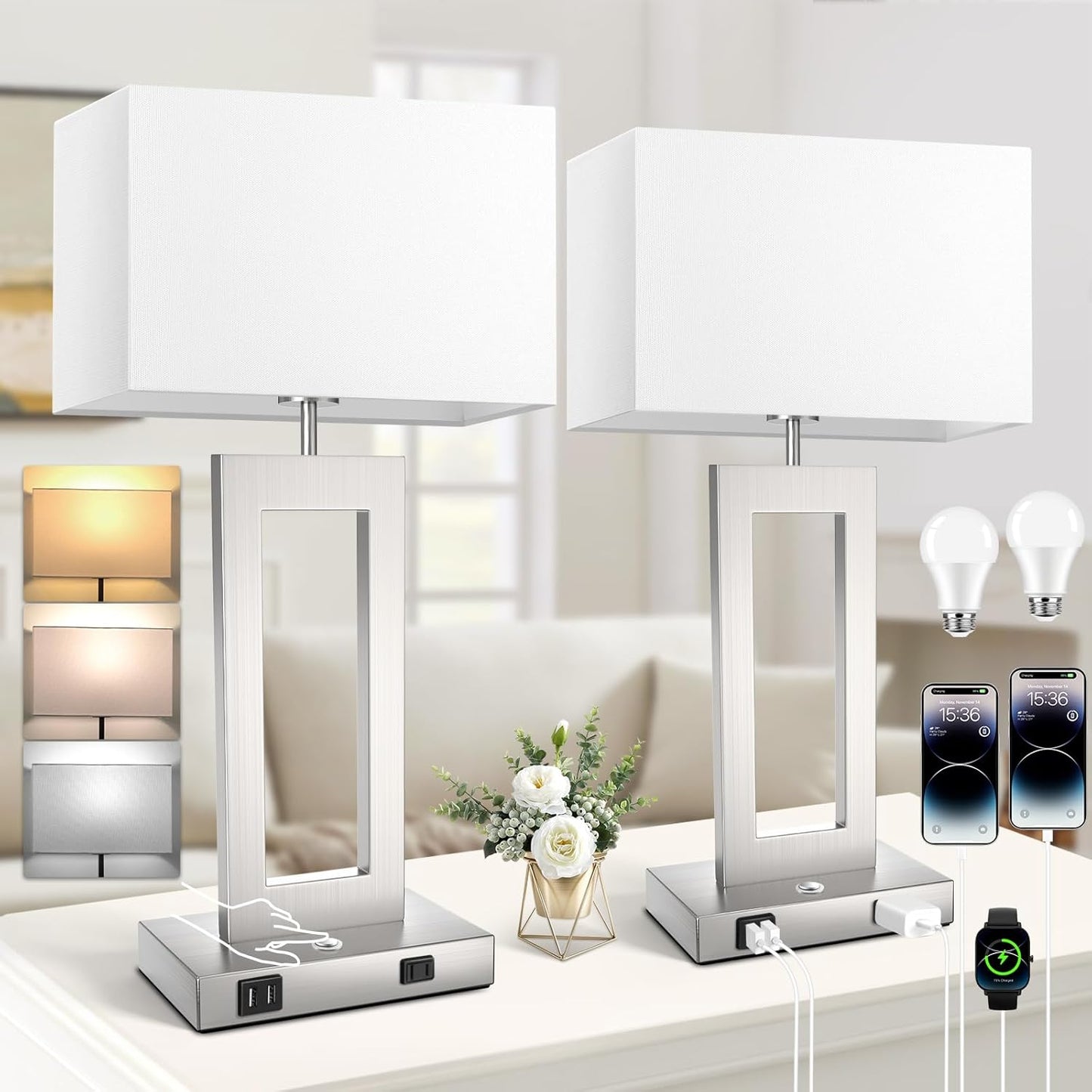 27.2’’ Tall Black Table Lamps for Living Room Bedroom, Bedside Touch Control Lamps with 2 USB Ports&AC Outlet, 3 Way Dimmable&Stepless Dimming Desk Lamp Sets for Home Office, Pre-assembled White Shade