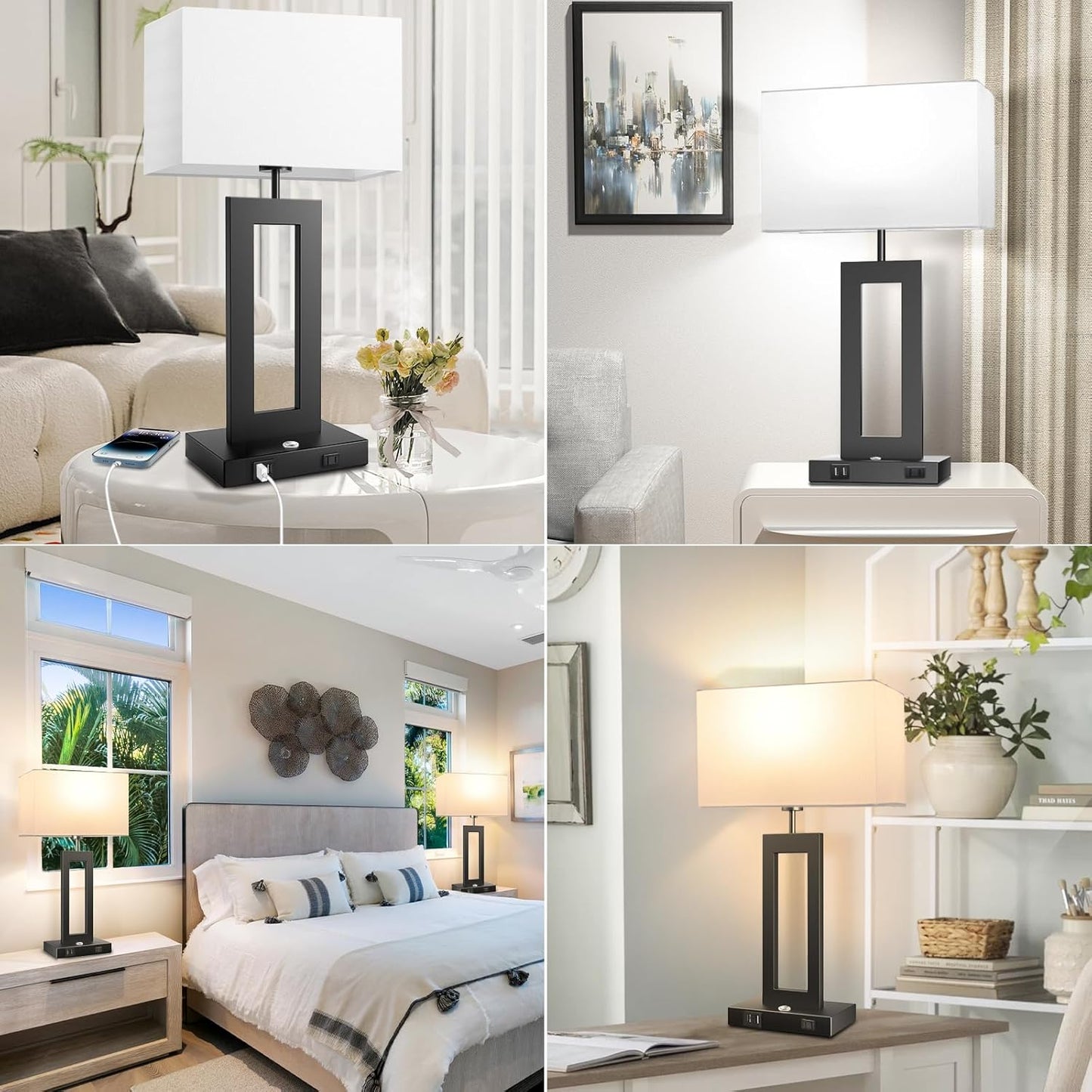 27.2’’ Tall Black Table Lamps for Living Room Bedroom, Bedside Touch Control Lamps with 2 USB Ports&AC Outlet, 3 Way Dimmable&Stepless Dimming Desk Lamp Sets for Home Office, Pre-assembled White Shade