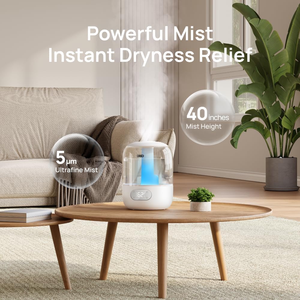 Dreo Humidifiers for Bedroom, Cool Mist Ultrasonic Humidifier with 26dB Quiet & RGB Lighting, Top Fill 3L Tank, Easy Clean, 30 Hr Runtime for Home, Baby, Plant, Nursery, Work with Google/Alexa