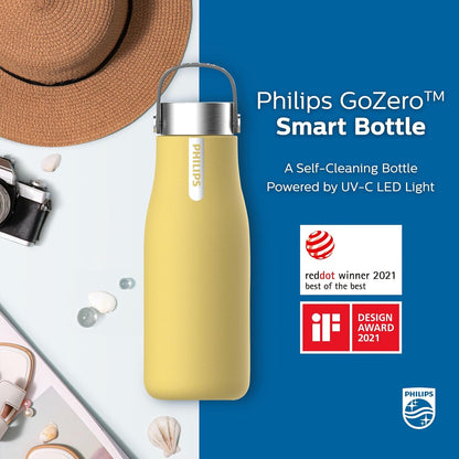 PHILIPS Water GoZero UV Self-Cleaning Smart Water Bottle Vacuum Stainless Steel Insulated Water Bottle with Handle Double-wall, Auto Cleaning, Keep Drink Hot or Cold, BPA Free, Blue, 20 oz