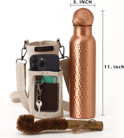 CLEO HOME 100% Pure Copper Water Bottle for Drinking, 32 Oz Hammered Ayurvedic Copper Bottle for Drinking Water | Leak-Proof & Eco-Friendly | For Yoga, Office, Travel with Canvas Carry Bag & Brush