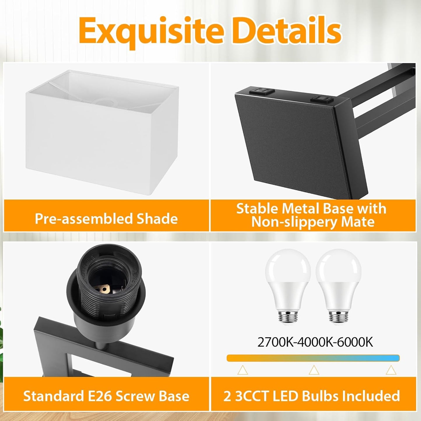 27.2’’ Tall Black Table Lamps for Living Room Bedroom, Bedside Touch Control Lamps with 2 USB Ports&AC Outlet, 3 Way Dimmable&Stepless Dimming Desk Lamp Sets for Home Office, Pre-assembled White Shade