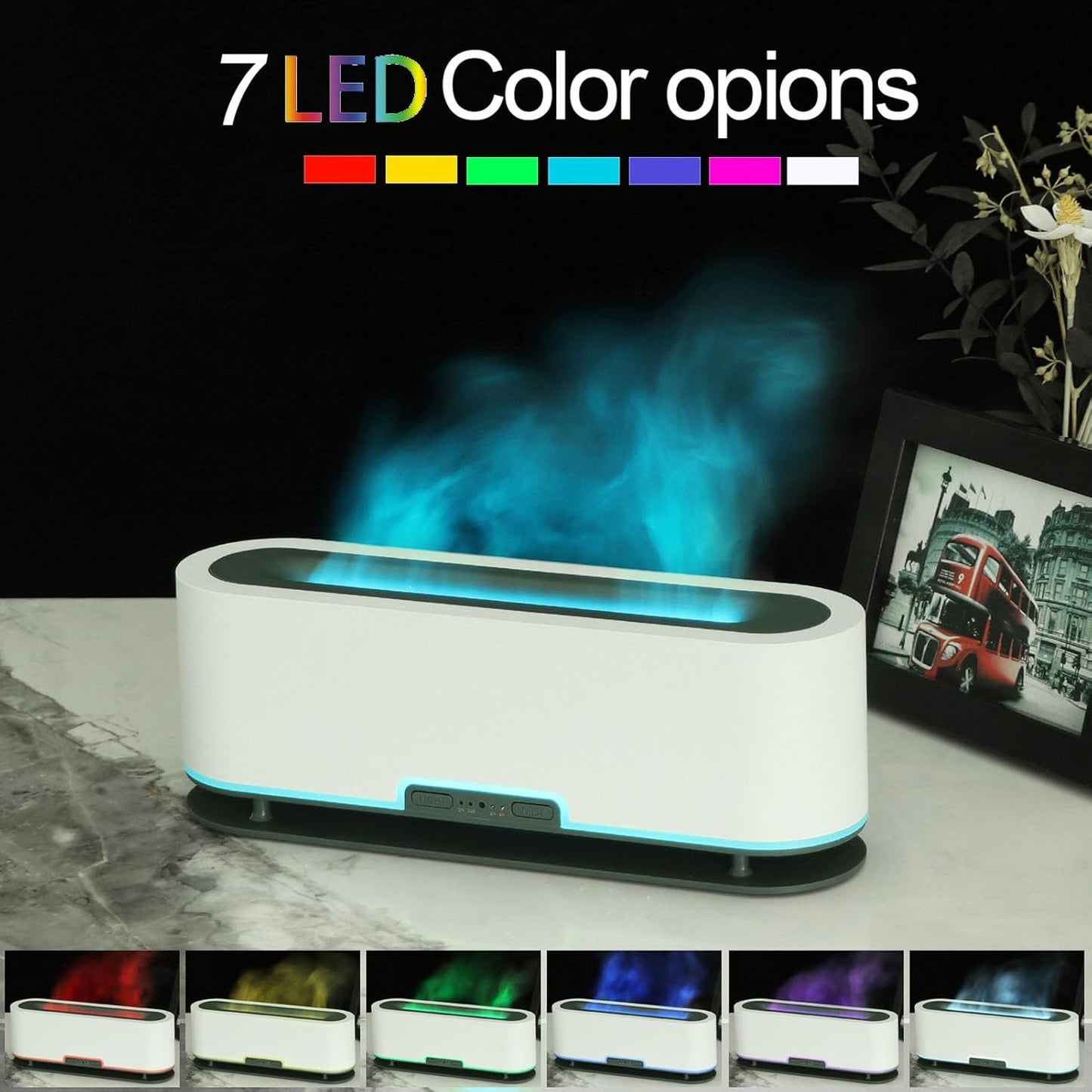 200ml Flame Humidifier with Simulated Flame, Colorful Light, Quiet Operation for Home Office (US Plug)(White)