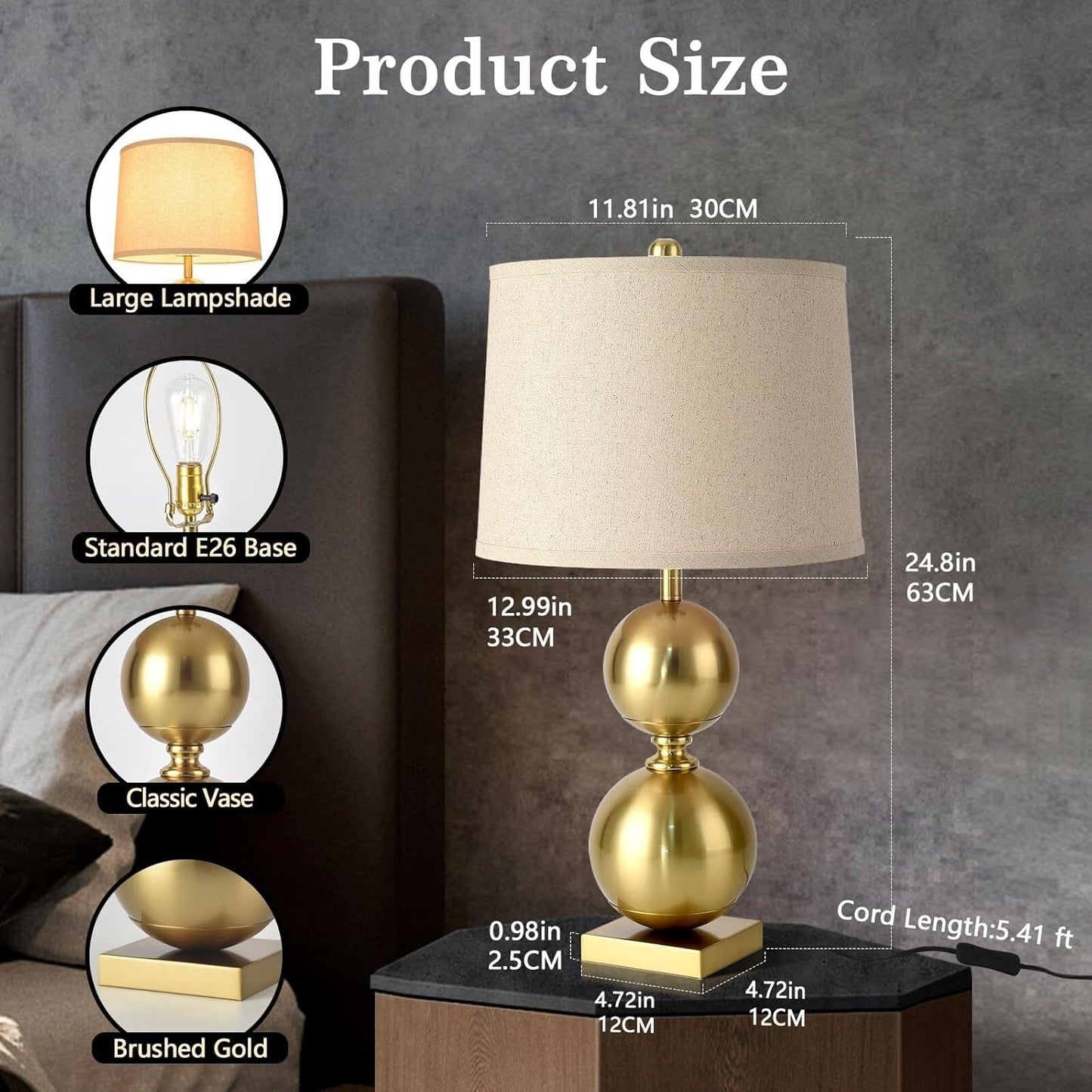 Practical Touch 24.8 Inch Gold Tall Table Lamp, Modern Style Single Table Lamp for Living Room, Bedroom, Nightstand, Bedside, Coffee Table for Living Room and Office