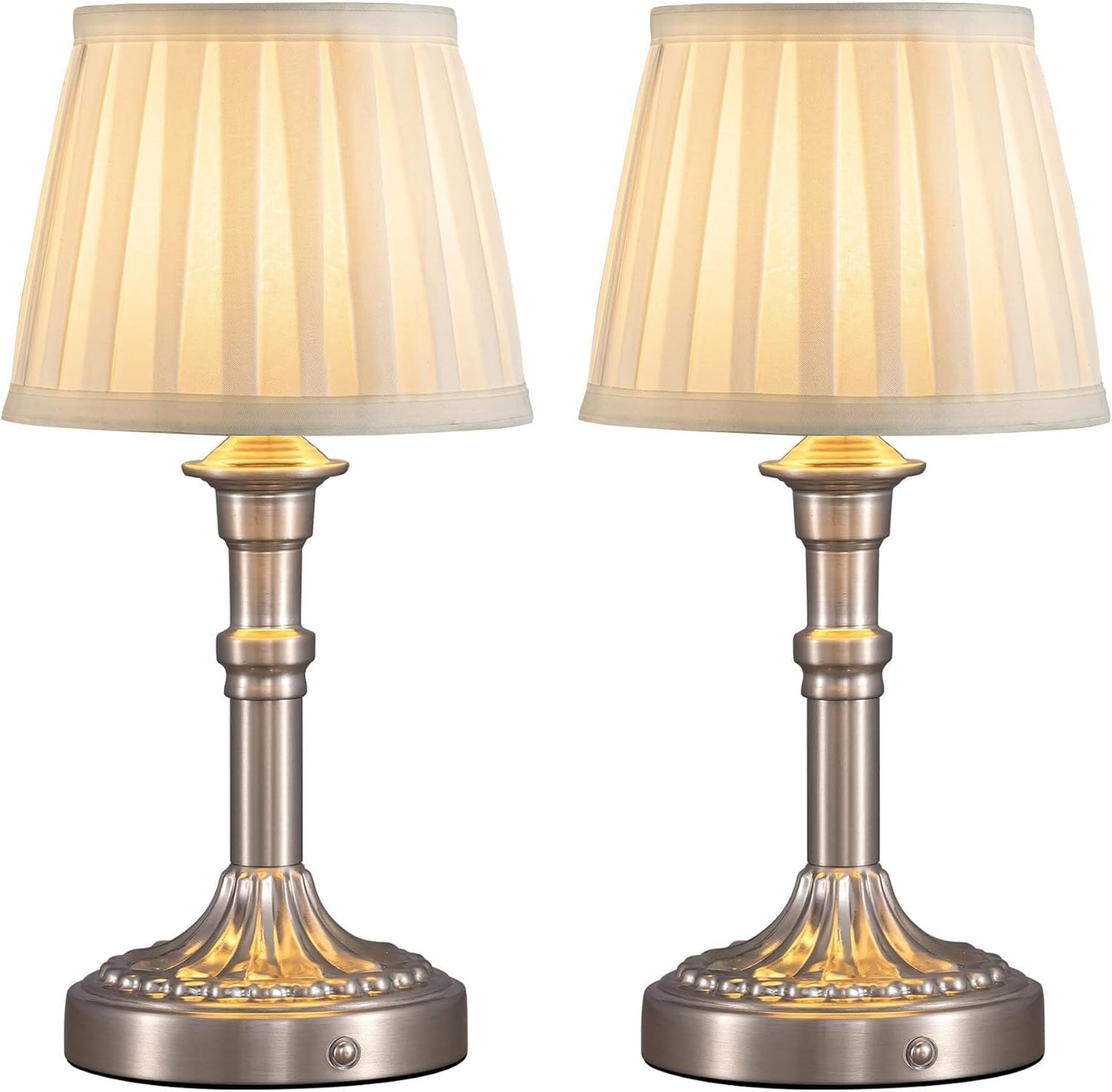 Cordless Portable LED Table Lamp 2-pack, Fabric Shade, Battery Power, Stepless Dimming, For Living And Dining Rooms suitable for bedrooms, living rooms, offices, book(Mottled Silver+Fabric Lampshde)