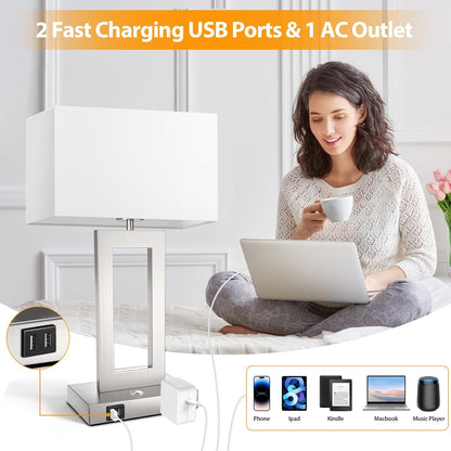 27.2’’ Tall Black Table Lamps for Living Room Bedroom, Bedside Touch Control Lamps with 2 USB Ports&AC Outlet, 3 Way Dimmable&Stepless Dimming Desk Lamp Sets for Home Office, Pre-assembled White Shade