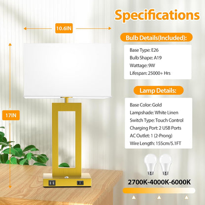 27.2’’ Tall Black Table Lamps for Living Room Bedroom, Bedside Touch Control Lamps with 2 USB Ports&AC Outlet, 3 Way Dimmable&Stepless Dimming Desk Lamp Sets for Home Office, Pre-assembled White Shade