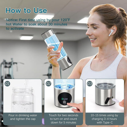 Hydrogen Water Bottle Generator - Glass Hydrogen Water Ionizer Machine 16oz, SPE/PEM Technology, LED Display, Easy Clean, Type-C Charging for Home Office Fitness, Silver