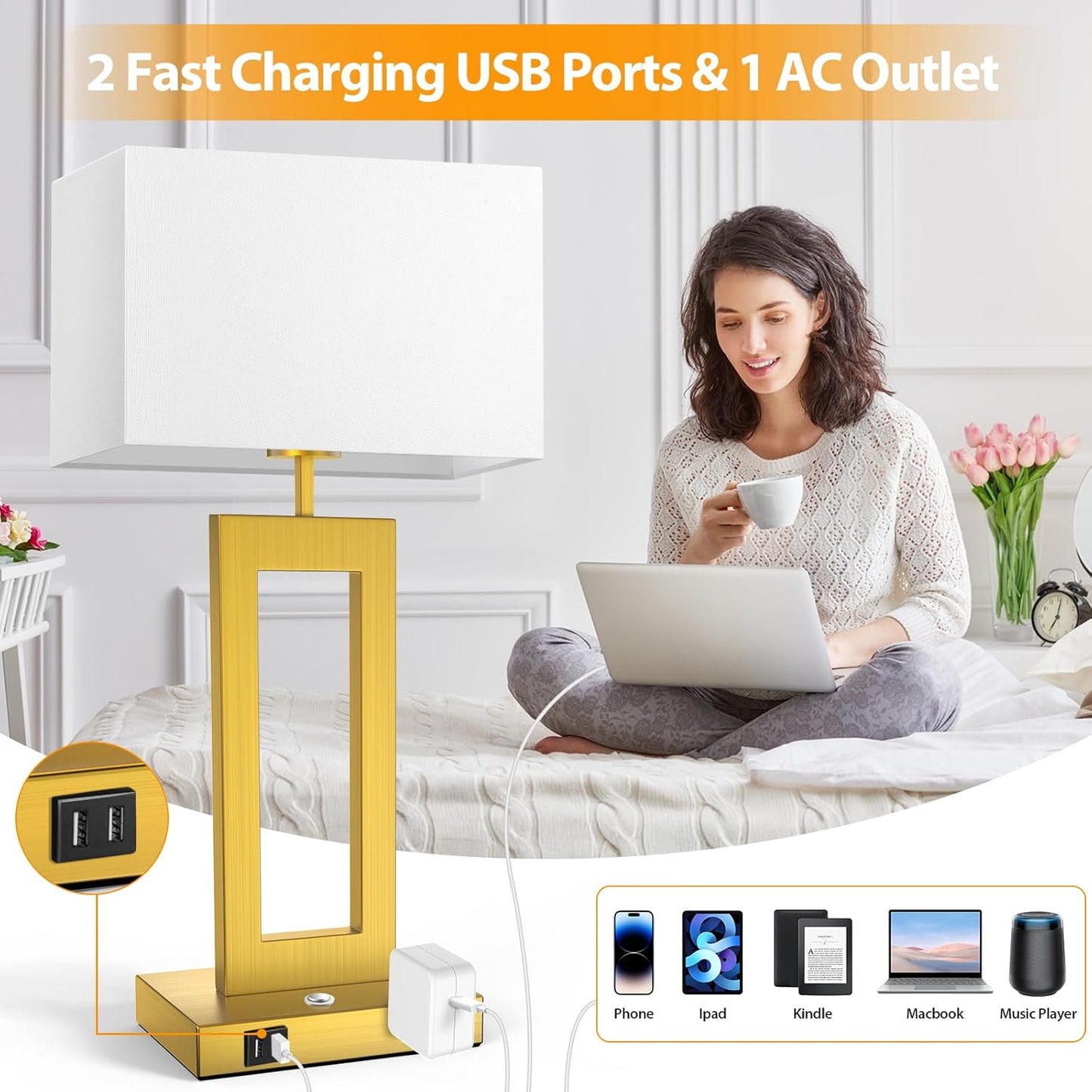 27.2’’ Tall Black Table Lamps for Living Room Bedroom, Bedside Touch Control Lamps with 2 USB Ports&AC Outlet, 3 Way Dimmable&Stepless Dimming Desk Lamp Sets for Home Office, Pre-assembled White Shade