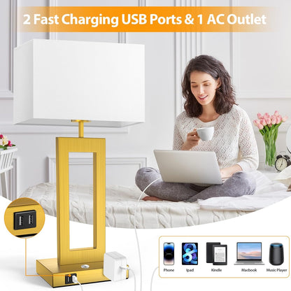 27.2’’ Tall Black Table Lamps for Living Room Bedroom, Bedside Touch Control Lamps with 2 USB Ports&AC Outlet, 3 Way Dimmable&Stepless Dimming Desk Lamp Sets for Home Office, Pre-assembled White Shade