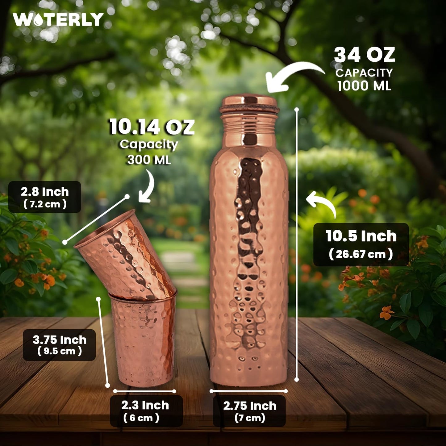 Plain Copper Water Bottle (34 Oz /1000ml) With Set Of 2 Tumbler (10 Oz/300ml Each) | Best use for Office,Gym & gifts |100% Pure Copper Material with Leak proof Quality