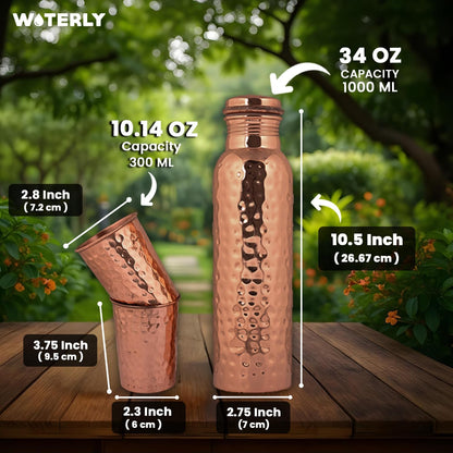 Plain Copper Water Bottle (34 Oz /1000ml) With Set Of 2 Tumbler (10 Oz/300ml Each) | Best use for Office,Gym & gifts |100% Pure Copper Material with Leak proof Quality