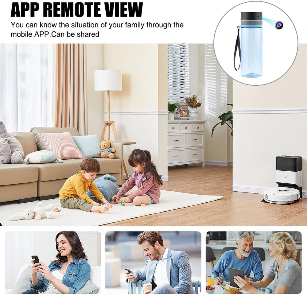 WiFi Water Bottle with 1080P Camera, 90° Wide Angle, 128GB Expandable Memory, Smart Tracking for Fitness & Home Security, 1000mAh Battery (Light gray)