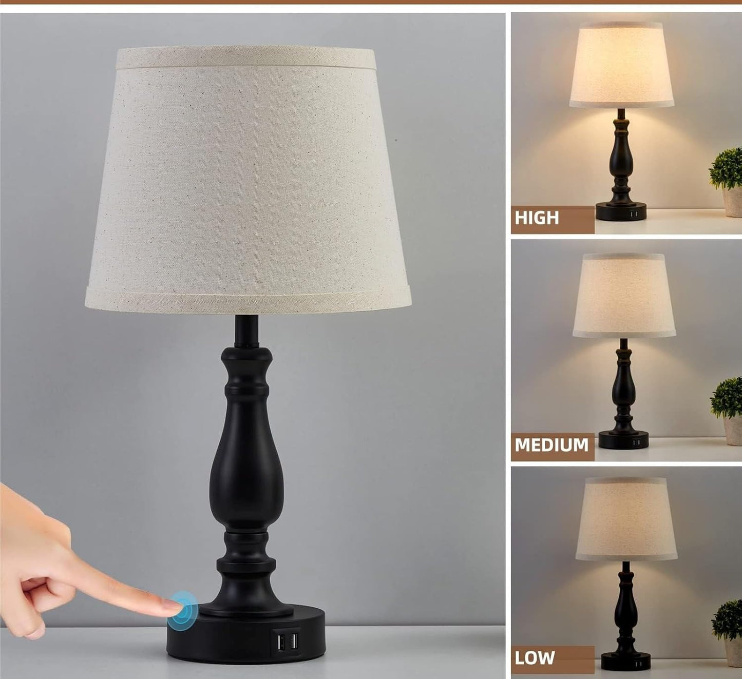 19-inch Touch Table Lamp 2-Piece Set With USB Port, 3-Way Dimmable, Linen Shade For Living Room Reading suitable for bedrooms, living rooms, offices, book(Light oat color Shade and Black Base)