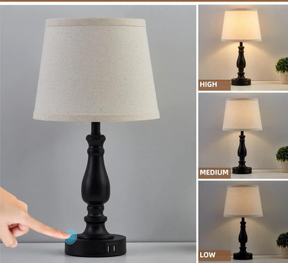 19-inch Touch Table Lamp 2-Piece Set With USB Port, 3-Way Dimmable, Linen Shade For Living Room Reading suitable for bedrooms, living rooms, offices, book(Light oat color Shade and Black Base)