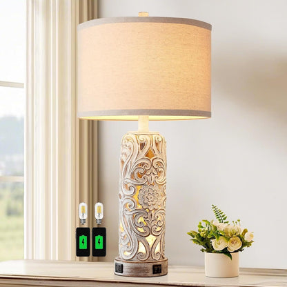 25-inch Antique White Resin Table Lamp with Dual USB Ports for Living Room Or Bedroom, Light Bulb Included Suitable for Living Room, Dormitory, Office,(Wash White)