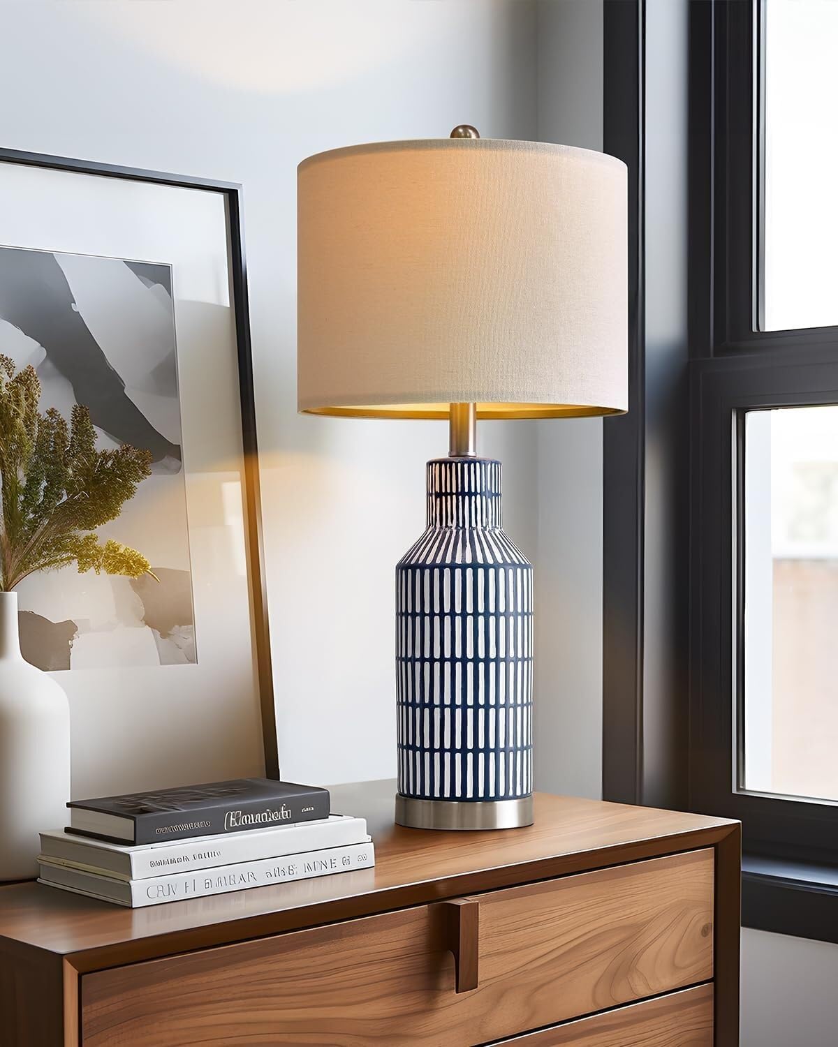 25 Inch Modern Ceramic Table Lamp with Linen Shade for Living Room Bedroom Farmhouse Nightstand Lamp Suitable for bedrooms, Living Rooms, Offices, Book(‎Washed White-1Pack)