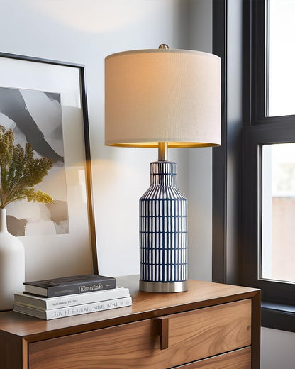 25 Inch Modern Ceramic Table Lamp with Linen Shade for Living Room Bedroom Farmhouse Nightstand Lamp Suitable for bedrooms, Living Rooms, Offices, Book(‎Washed White-1Pack)