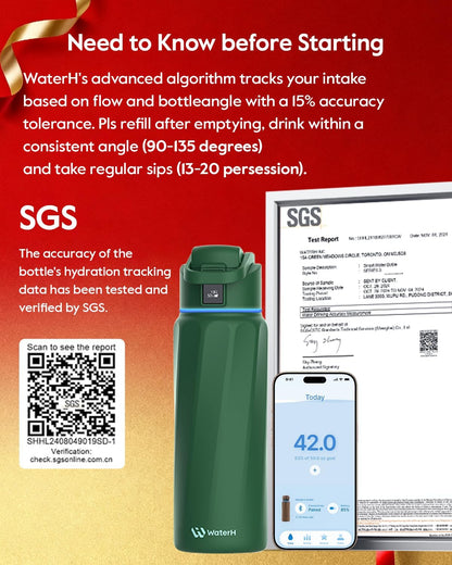 BOOST Smart Water Bottle with Reminder & Tracker, 32oz Vacuum Insulated Bottles Stainless Steel, BPA-Free, Wide Mouth, Ideal Gift for Men, Women, Christmas, Halloween, New Year, Gym, Office, School