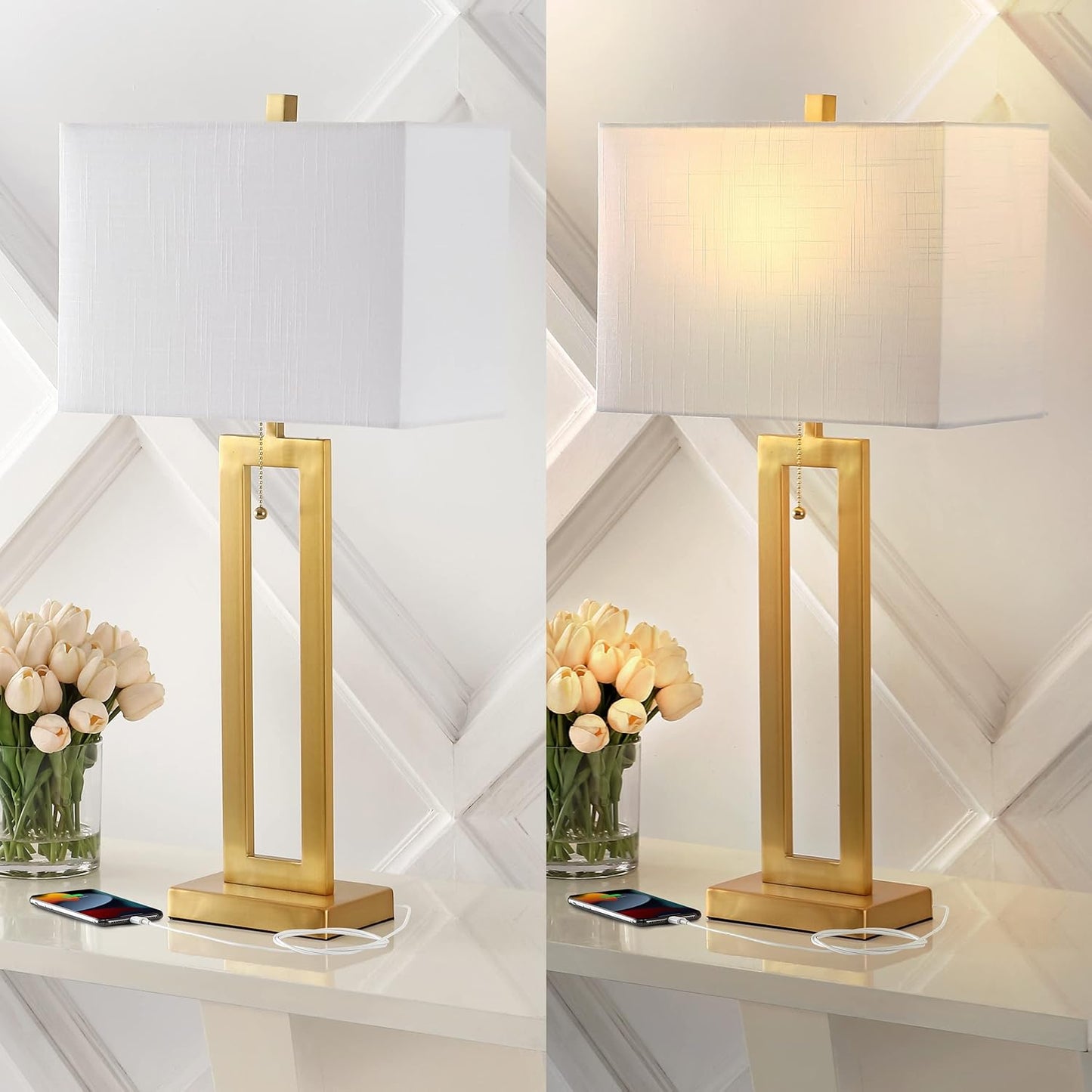 JONATHAN Y JYL1126A-SET2 Sabrina 28.5" Vintage Industrial Iron LED Table Lamp with Pull-Chain and USB Charging Port Mid-Century, Minimalist Bedside Desk Nightstand Lamp, Brass Gold (Set of 2)