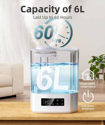 BREEZOME 6L Humidifiers for Bedroom Large Room, Ultrasonic Top Fill Cool Mist Humidifier & Essential Oil Diffuser with Smart Humidistat Control, Last up to 60 Hours, Ideal for Plants, Baby Nursery