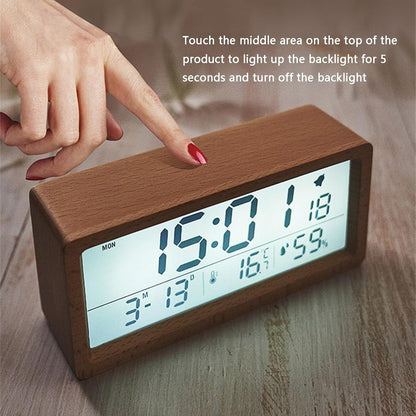 Wooden Alarm Clock, Battery Operated LCD Digital Clock with Smart Sensor Night Light and Snooze Function, Suitable for Bedroom, Bedside, Desk (Color : B)