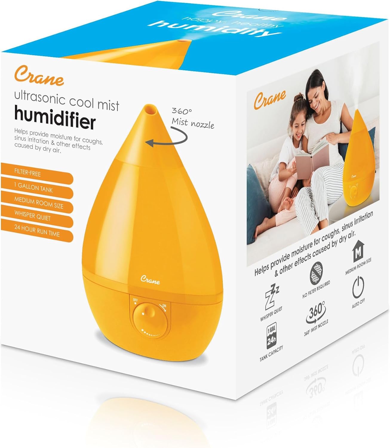 Crane Ultrasonic Cool Mist Humidifier for Bedroom, Baby Nursery, Kids Room, Plants, or Office, Large 1 Gallon Tank, Filter Optional, Orange