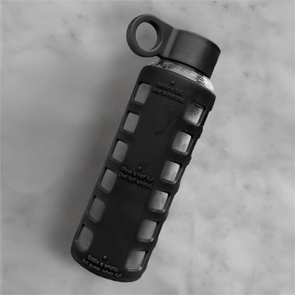purifyou 40oz / 32oz / 22oz / 12oz Borosilicate Glass Water Bottle with Time & Volume Markers, Silicone Sleeve, Stainless Steel Lid | Reusable Glass Bottle for Water & Juice (40oz Jet Black)
