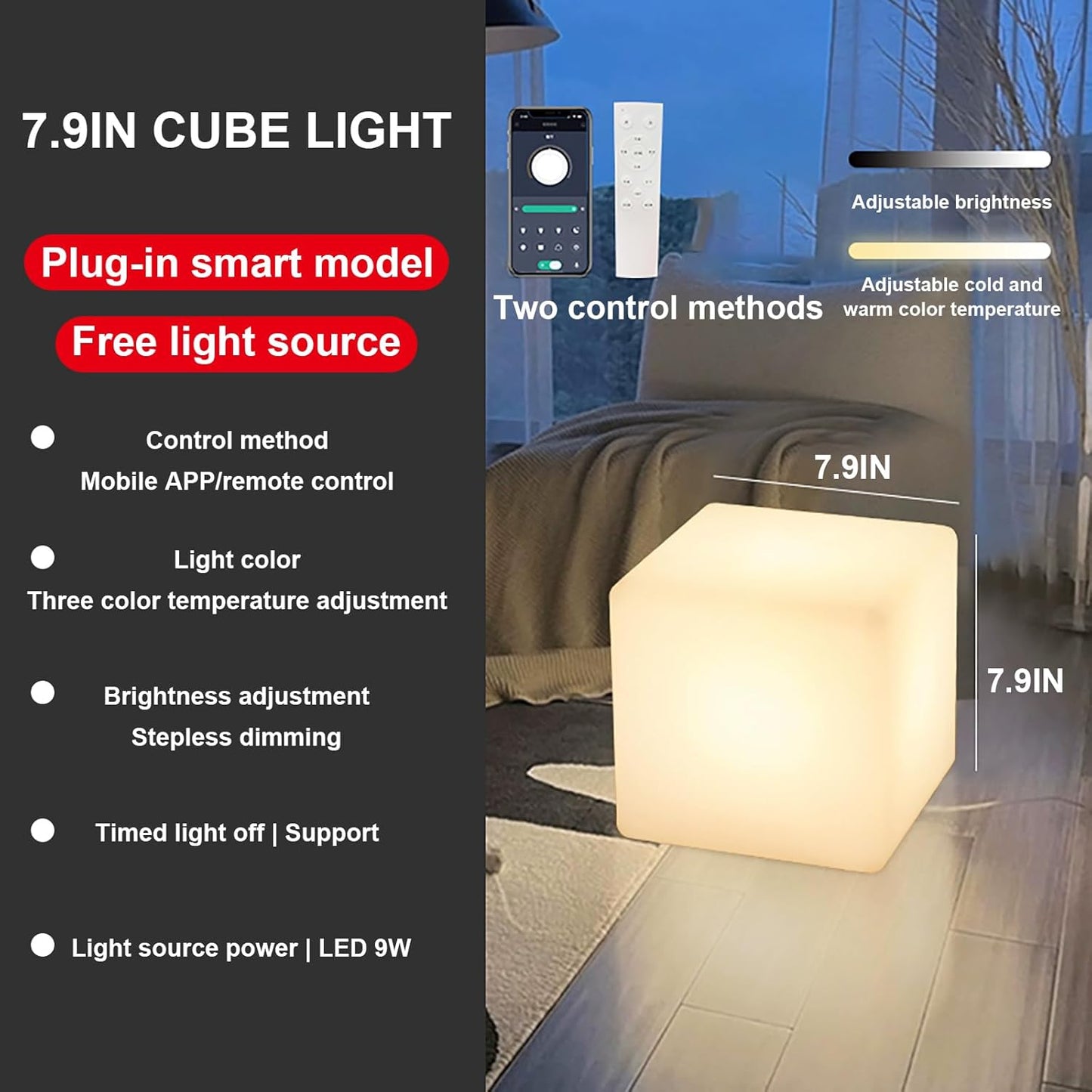 Cube Smart End Table Floor Lamp, Multi-Function Colorful Lamp with Remote Control, Load-Bearing Capacity 660LB for Living Room Coffee Table, Bedroom Floor Lamp Plug-in Model 13.8x13.8in
