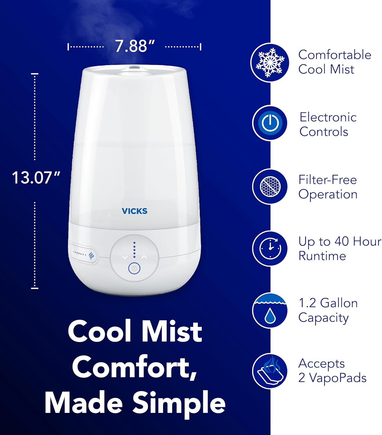 Vicks FilterFree Plus Cool Mist Plus Humidifier (VUL565), Medium Room –Filter-Free Cool Mist Humidifier for Baby, Kids and Adult Rooms, Works with Vicks VapoPads