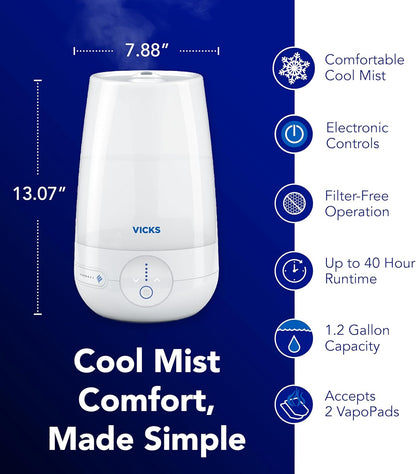 Vicks FilterFree Plus Cool Mist Plus Humidifier (VUL565), Medium Room –Filter-Free Cool Mist Humidifier for Baby, Kids and Adult Rooms, Works with Vicks VapoPads