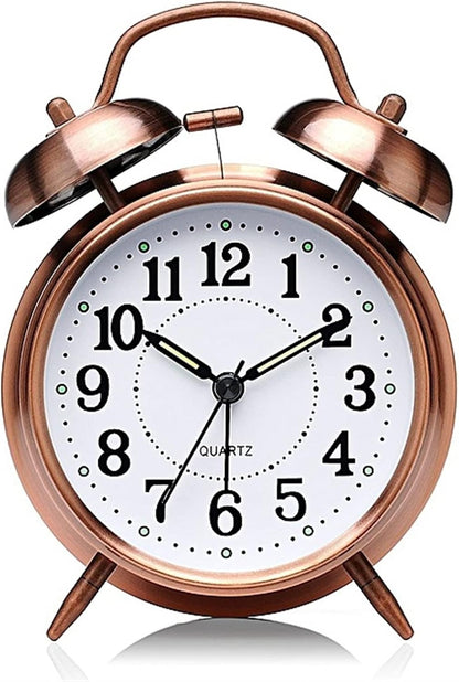 VSULZVNU Alarm Clock Metal Twin Bell Alarm Clock, 4-Inch Vintage Small Analog Silent Table Desk Alarm Clock Battery Operated with Night Light Loud for Heavy Sleepers Bedroom Smart Alarm Clock