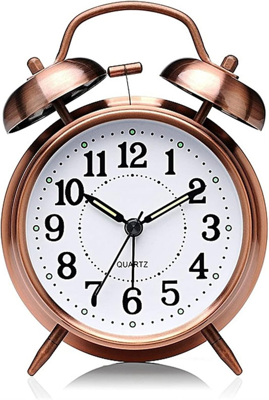 VSULZVNU Alarm Clock Metal Twin Bell Alarm Clock, 4-Inch Vintage Small Analog Silent Table Desk Alarm Clock Battery Operated with Night Light Loud for Heavy Sleepers Bedroom Smart Alarm Clock