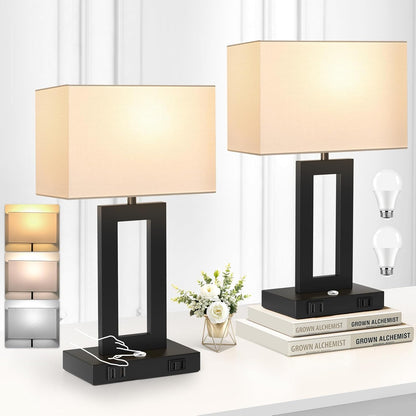 27.2’’ Tall Black Table Lamps for Living Room Bedroom, Bedside Touch Control Lamps with 2 USB Ports&AC Outlet, 3 Way Dimmable&Stepless Dimming Desk Lamp Sets for Home Office, Pre-assembled White Shade
