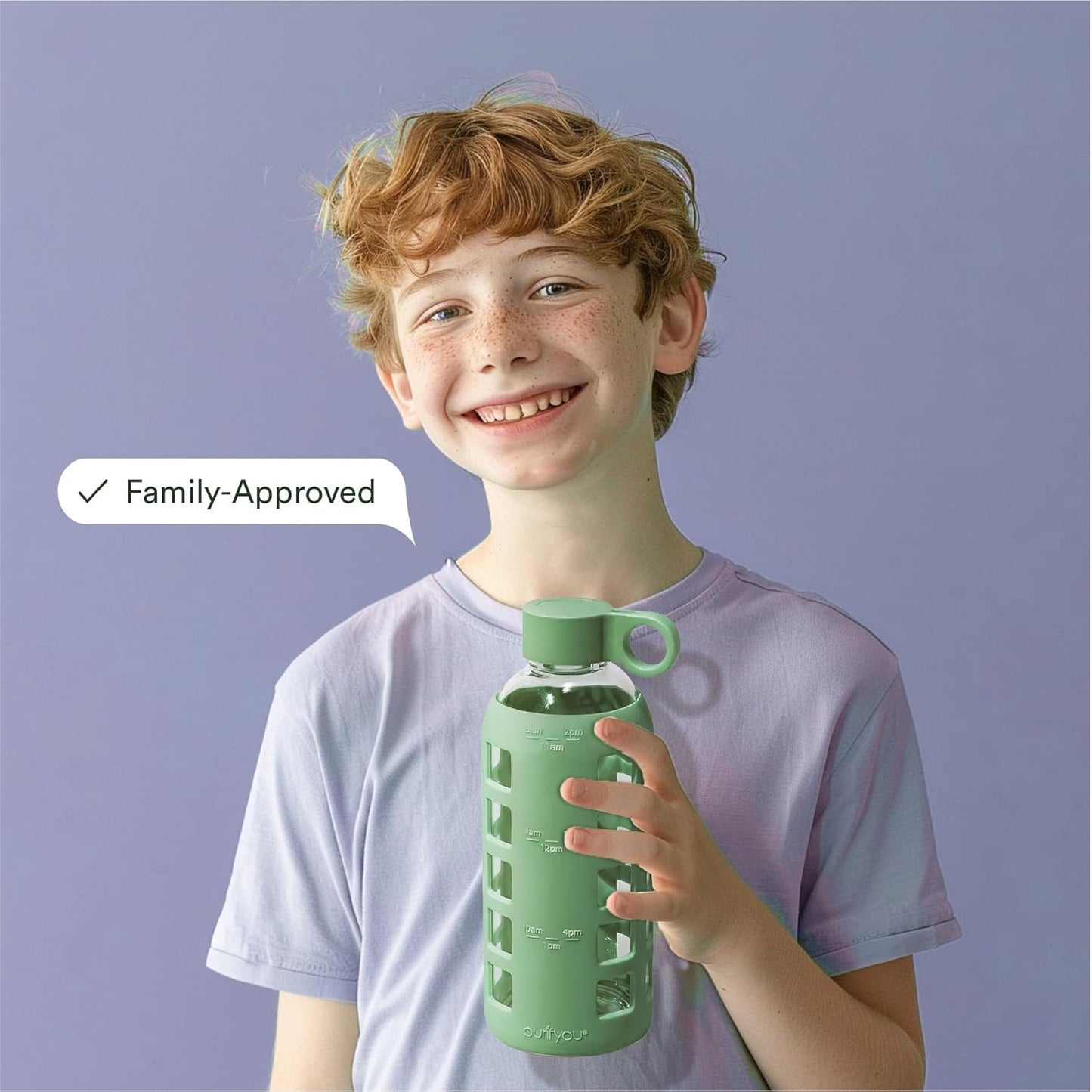 purifyou 40oz / 32oz / 22oz / 12oz Borosilicate Glass Water Bottle with Time & Volume Markers, Silicone Sleeve, Stainless Steel Lid | Reusable Glass Bottle for Water & Juice (40oz Jet Black)