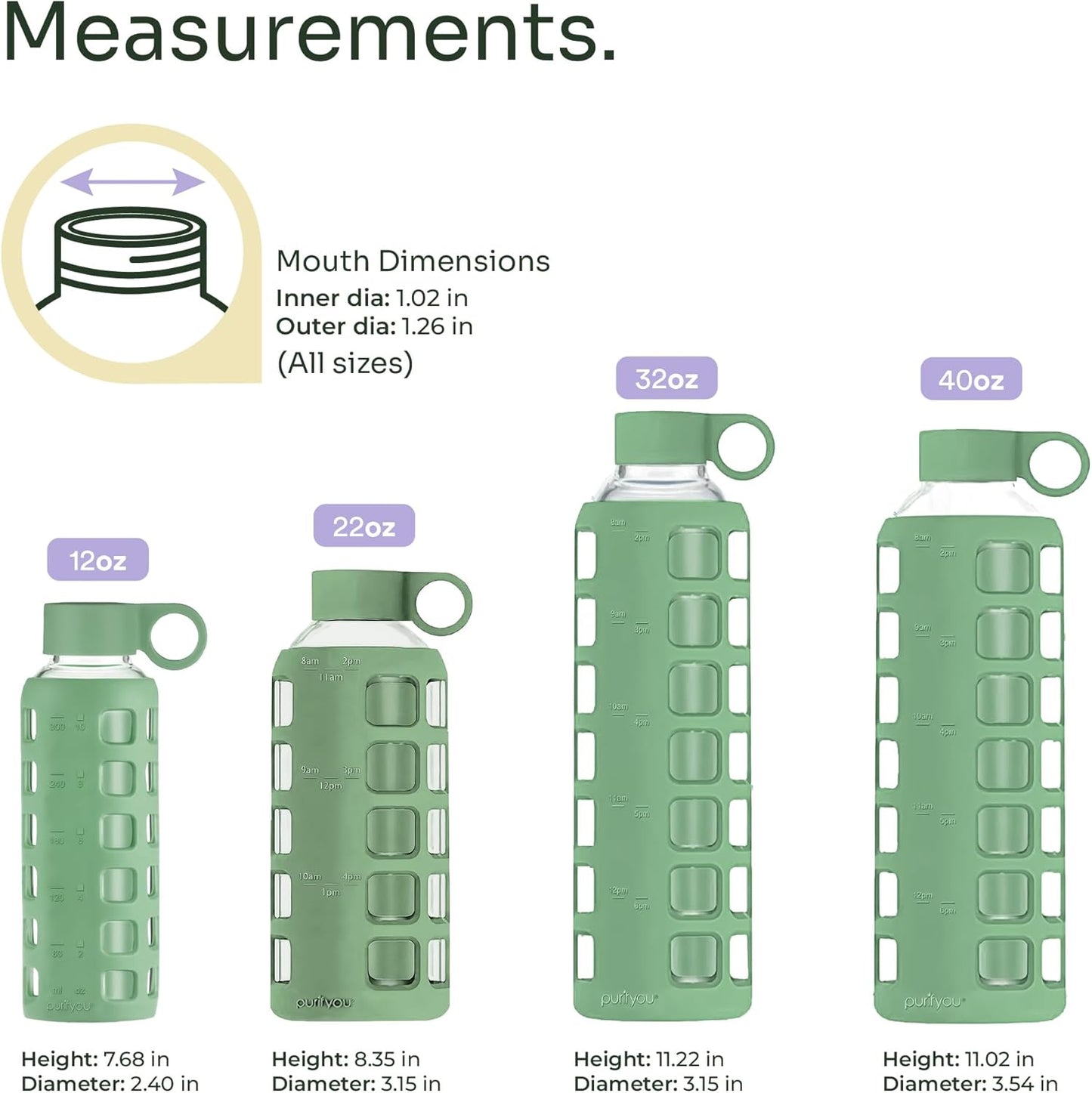 purifyou 40oz / 32oz / 22oz / 12oz Borosilicate Glass Water Bottle with Time & Volume Markers, Silicone Sleeve, Stainless Steel Lid | Reusable Glass Bottle for Water & Juice (40oz Jet Black)