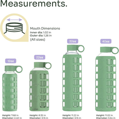 purifyou 40oz / 32oz / 22oz / 12oz Borosilicate Glass Water Bottle with Time & Volume Markers, Silicone Sleeve, Stainless Steel Lid | Reusable Glass Bottle for Water & Juice (40oz Jet Black)