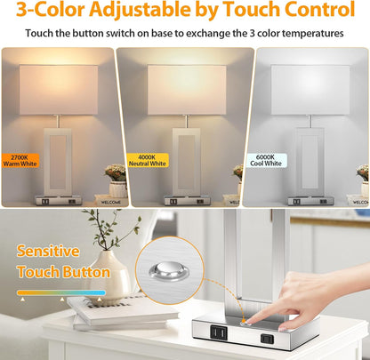 27.2’’ Tall Black Table Lamps for Living Room Bedroom, Bedside Touch Control Lamps with 2 USB Ports&AC Outlet, 3 Way Dimmable&Stepless Dimming Desk Lamp Sets for Home Office, Pre-assembled White Shade