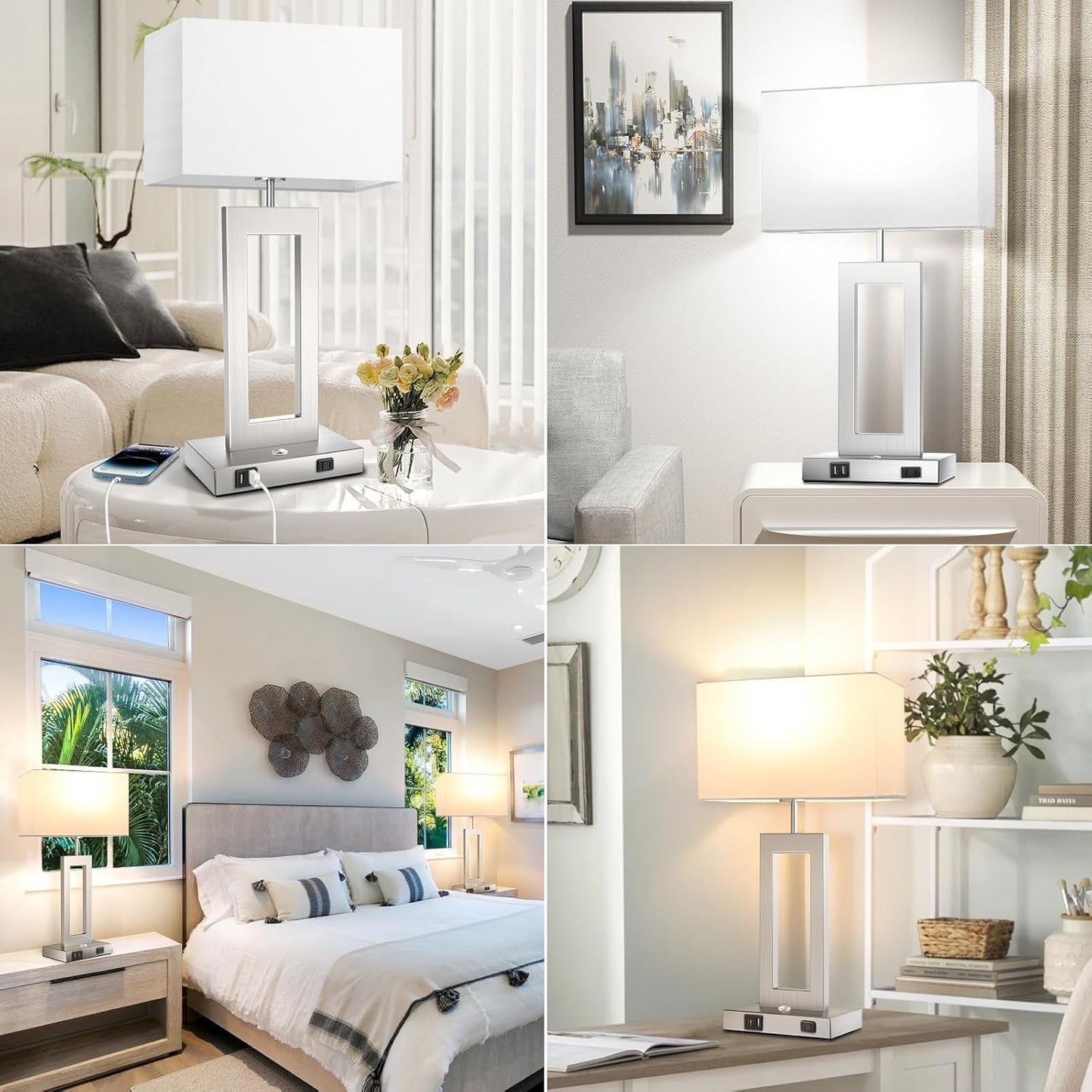 27.2’’ Tall Black Table Lamps for Living Room Bedroom, Bedside Touch Control Lamps with 2 USB Ports&AC Outlet, 3 Way Dimmable&Stepless Dimming Desk Lamp Sets for Home Office, Pre-assembled White Shade