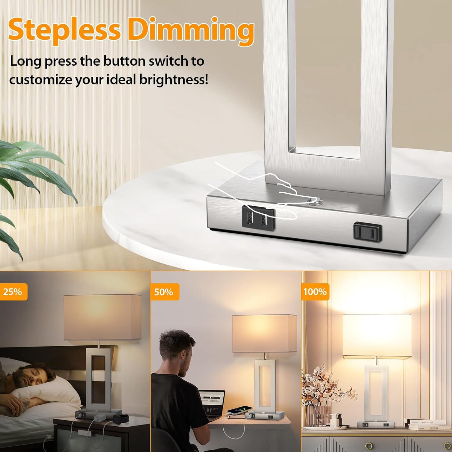 27.2’’ Tall Black Table Lamps for Living Room Bedroom, Bedside Touch Control Lamps with 2 USB Ports&AC Outlet, 3 Way Dimmable&Stepless Dimming Desk Lamp Sets for Home Office, Pre-assembled White Shade