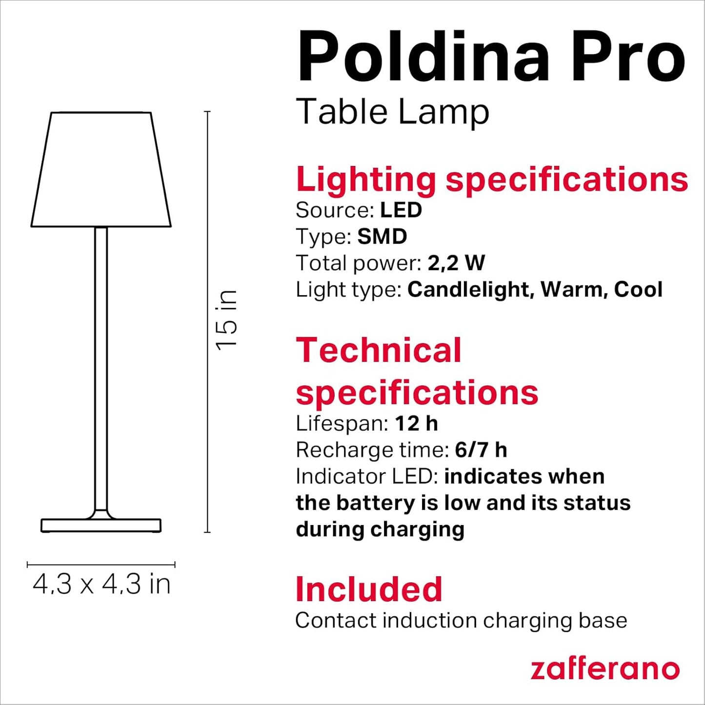 Zafferano, Poldina Pro Lamp, Rechargeable Cordless Table Lamp with Touch Controls, Suitable for Indoor and Outdoor, Dimmer, 2200-3000 K, Height 14.9 Inches, White Color