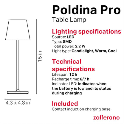 Zafferano, Poldina Pro Lamp, Rechargeable Cordless Table Lamp with Touch Controls, Suitable for Indoor and Outdoor, Dimmer, 2200-3000 K, Height 14.9 Inches, White Color